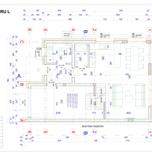 Rysunek techniczny - rzut parteru domu na osiedlu w Drzonkowie