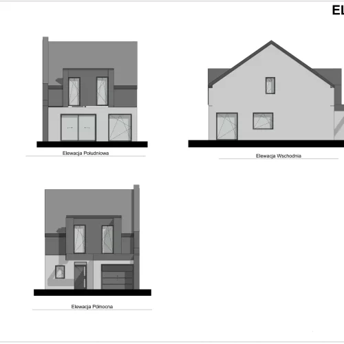 Rysunek techniczny elewacji domu osiedla w Drzonkowie od trzech stron