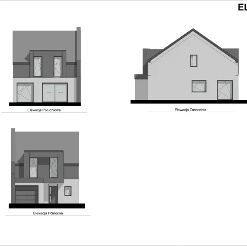 Rysunek techniczny elewacji domu osiedla w Drzonkowie od trzech stron